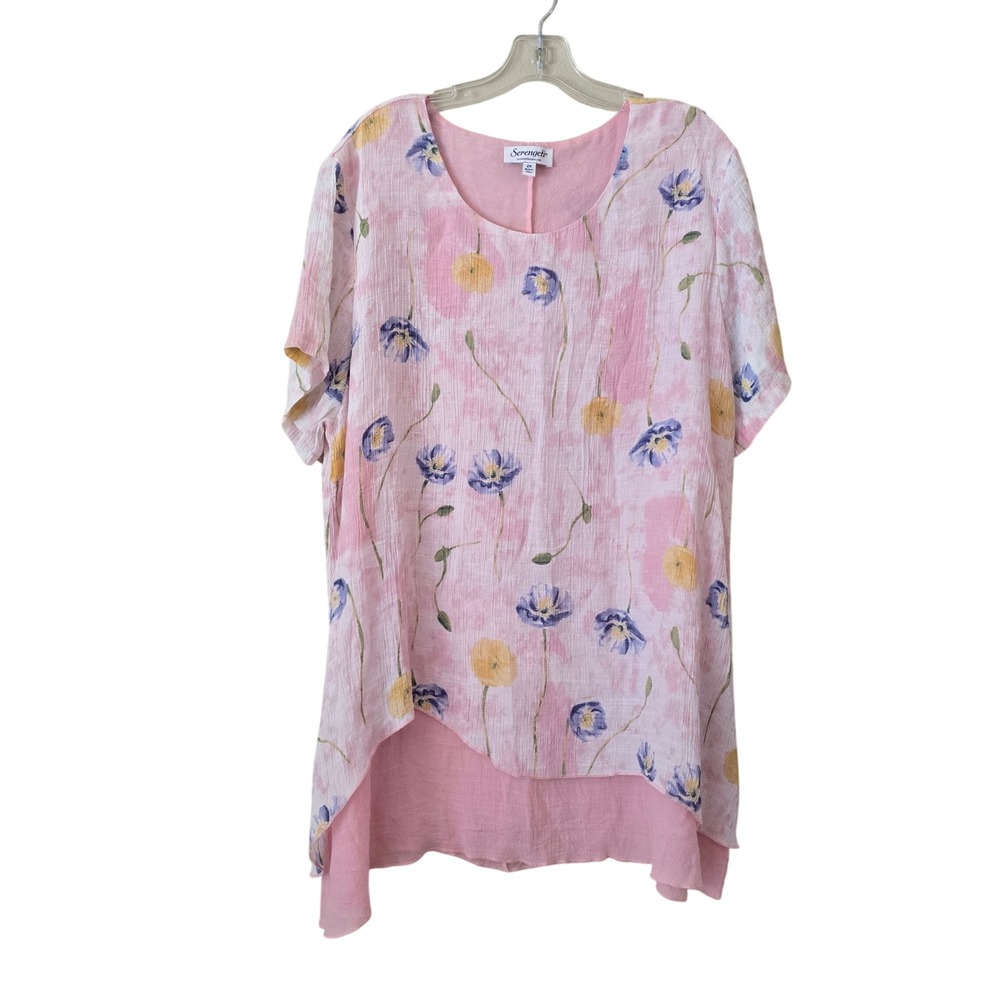 Serengeti Womens 2X Pink Floral Crinkle Gauze Tunic Blouse Layered Sharkbite Hem